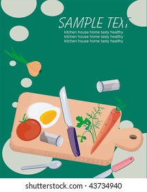 Background with vegetables, herbs, chopping board and knife