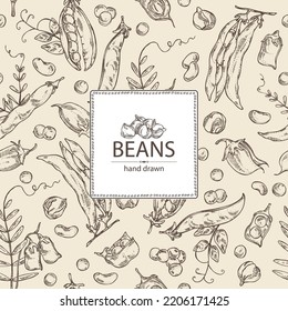 Background with vegetables: peas, beans pod, chickpea beans and lentil. Vector hand drawn illustration.