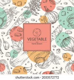 Background with vegetables: pepper, full carrot and slices, zucchini and garlic. Vector hand drawn illustration.