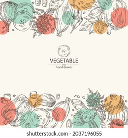 Hintergrund mit Gemüse: Pfeffer, Karotten und Scheiben, Zucchini und Knoblauch. Vektorgrafik, handgezeichnet.