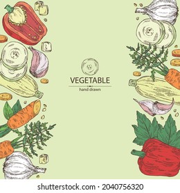 Background with vegetables: pepper, full carrot and slices, zucchini and garlic. Vector hand drawn illustration.