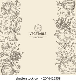 Background with vegetables: pepper, full carrot and slices, zucchini and garlic. Vector hand drawn illustration.