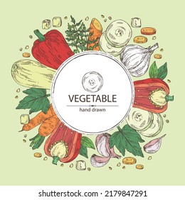 Background with vegetables: pepper, full carrot and slices, zucchini and garlic. Vector hand drawn illustration.
