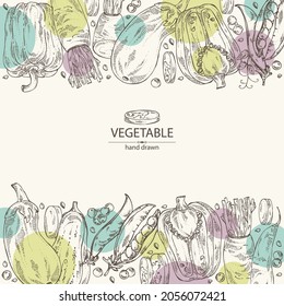 Background with vegetables: pepper, root and a piece of daikon, pod of peas and eggplant. Vector hand drawn illustration.