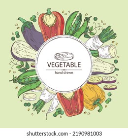 Background with vegetables: pepper, root and a piece of daikon, pod of peas and eggplant. Vector hand drawn illustration.
