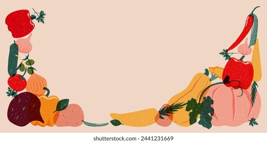 Background  with vegetables in risograph style, bright colors, multilayerd, riso