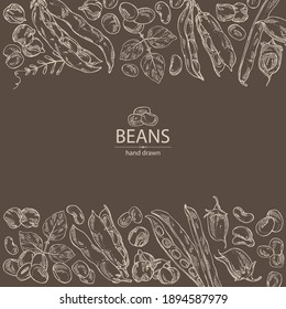 Background with vegetables: soybean plant, beans pod, chickpea beans and mung beans. Vector hand drawn illustration.