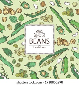 Antecedentes con verduras: planta de soja, vaina de frijol, frijol de garbanzo y frijol de mung. Ilustración dibujada a mano por vectores.