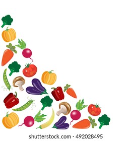 background with vegetables: squash, mushrooms, red pepper, tomato, peas, carrots, eggplant