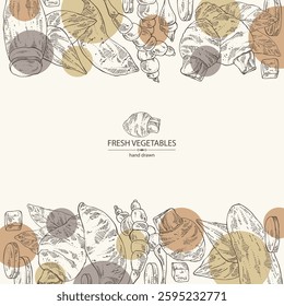 Background with vegetables: taro root, tuber of yams, yacon, chinese artichoke. Vector hand drawn illustration.