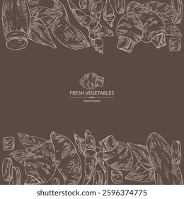 Background with vegetables: taro root, tuber of yams, yacon, chinese artichoke. Vector hand drawn illustration.
