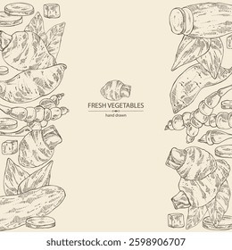 Background with vegetables: taro root, tuber of yams, yacon, chinese artichoke. Vector hand drawn illustration.