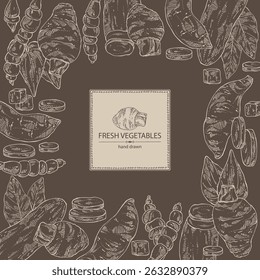 Background with vegetables: taro root, tuber of yams, yacon, chinese artichoke. Vector hand drawn illustration.