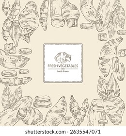 Fondo con verduras: raíz de taro, tubérculo de ñame, yacón, alcachofa china. Vector dibujado a mano ilustración.