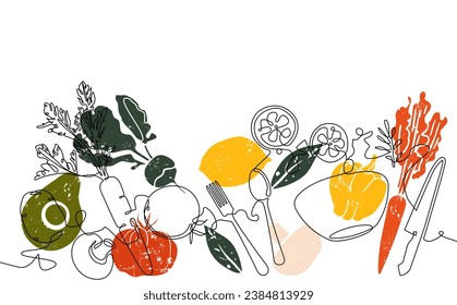 Background with vegetables and utensils. Salad preparation process. Vector illustration.