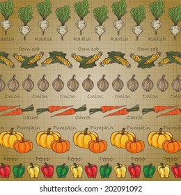 Background of vegetables in vintage tone.  It is a background image of lined and colored vegetable patterns in vintage tone background.  