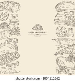 Background with vegetables: wasabi root, lotus root, daikon radish and bamboo shoots. Vector hand drawn illustration. 