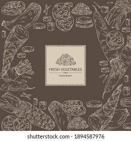 Background with vegetables: wasabi root, lotus root, daikon radish and bamboo shoots. Vector hand drawn illustration.