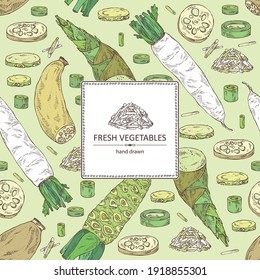 Antecedentes con verduras: raíz de wasabi, raíz de loto, rábano daikon y brotes de bambú. Ilustración dibujada a mano por vectores.