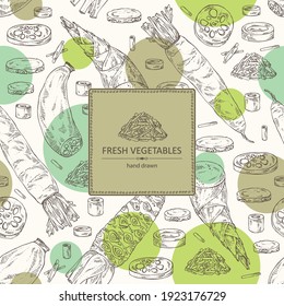 Background with vegetables: wasabi root, lotus root, daikon radish and bamboo shoots. Vector hand drawn illustration.
