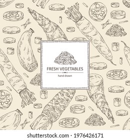 Background with vegetables: wasabi root, lotus root, daikon radish and bamboo shoots. Vector hand drawn illustration.