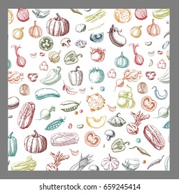 Background with Vegetables.Templates for label design with hand drawn linear vegetables. Can be used for vegan products, brochures, banner, restaurant menu, farmers market and organic food store