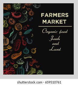 Background with Vegetables.Templates for label design with hand drawn linear vegetables. Can be used for vegan products, brochures, banner, restaurant menu, farmers market and organic food store
