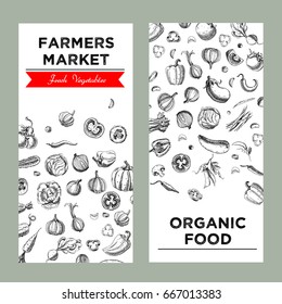 Background with Vegetables.Templates for label design with hand drawn linear vegetables. Can be used for vegan products, brochures, banner, restaurant menu, farmers market and organic food store