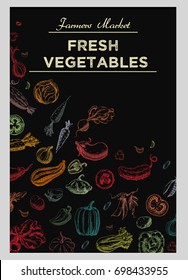 Background with Vegetables.Templates for label design with hand drawn linear vegetables. Can be used for vegan products, brochures, banner, restaurant menu, farmers market and organic food store