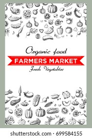 Background with Vegetables.Templates for label design with hand drawn linear vegetables. Can be used for vegan products, brochures, banner, restaurant menu, farmers market and organic food store