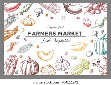 Background with Vegetables.Templates for label design with hand drawn linear vegetables. Can be used for vegan products, brochures, banner, restaurant menu, farmers market and organic food store