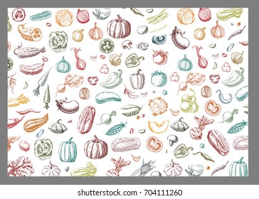 Background with Vegetables.Templates for label design with hand drawn linear vegetables. Can be used for vegan products, brochures, banner, restaurant menu, farmers market and organic food store