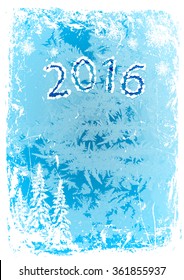 background vertical grunge blue ice pattern with trees and snowflakes,2016.vector illustration