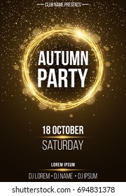 Background vertical poster for autumn party. Shining golden banner with golden dust. Abstract yellow lights. Seasonal poster. DJ and club name. Vector illustration