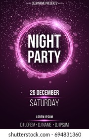 Background vertical poster for a night party. Shining purple banner with purple dust. Abstract purple lights. Festive poster. DJ and club name. Vector illustration