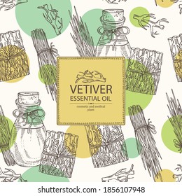 Antecedentes con raíces y planta de vetiver y botella de aceite esencial vetiver. Cosmética, perfumería y planta médica. Ilustración dibujada a mano por vectores.