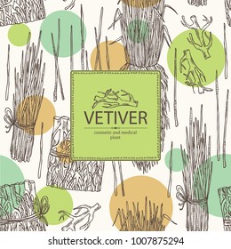 Background with vetiver: root and plant of vetiver. Perfumery and cosmetics plant. Vector hand drawn illustration.