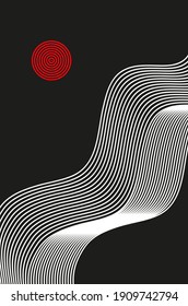 Fondo con vibrantes olas de líneas. Ilusión óptica. Aplastar curvas delgadas. Arte monocromático minimalista moderno. Gráficos de rayas tecnológicas abstractos.