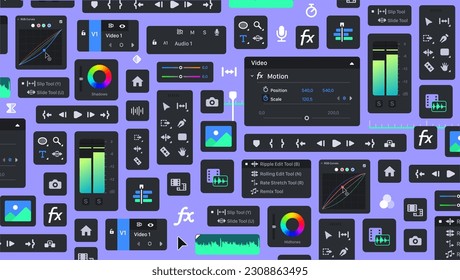 Background of Video Editor processing Tools. Tool Blocks. Graphic Movie Editing. Motion Designer UI bg. Set of icon Panels for Film makers. Set of Videomakers items. FX Buttons and icons. Toolbar