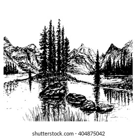 background view of beautiful mountain landscape with alpine lake, sandy islands and spruce forest, sketch hand drawn ink shading graphics vector illustration