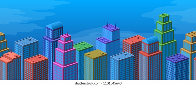Background with View of Megapolis City. Horizontal Seamless Urban Landscape with Colorful Cartoon Skyscrapers and Bright Blue Sky. Eps10, Contains Transparencies. Vector
