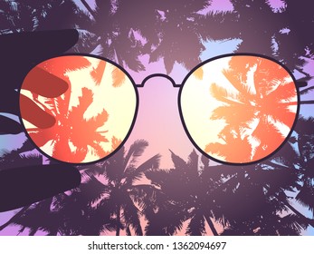 Background with a view of the palm trees through the sunglasses. Tropical sunset. Vector illustration