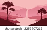 background view of waterfalls, silhouettes of forests and mountains