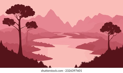 background view of waterfalls, silhouettes of forests and mountains
