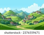 Background village in the mountains in the flat cartoon design. The illustration captures the charm of the mountain village, with cozy cottages and winding paths. Vector illustration.