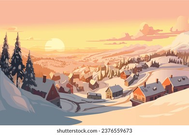 Background village in the winter mountains in the flat cartoon design. Serene beauty of winter in the village glisten in the soft light, and the crisp air carries scent of cold. Vector illustration.