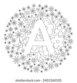 Background with vintage floral ornament. Many small flowers. Black and white vector illustration with letter A. Ornamental round lace pattern. Plant coloring sheet.