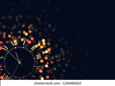 Background vintage gold shining clock report time five minutes to midnight, glitter golden bokeh. Holiday vector illustration