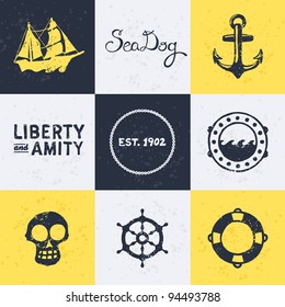 Background with vintage retro nautical symbols and icons