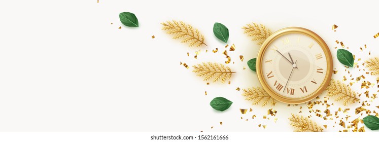 Background vintage yellow watch, old clock face, decorative golden pine and fir branches, falling glitter gold confetti. Horizontal banner, poster, greeting cards, headers for website.